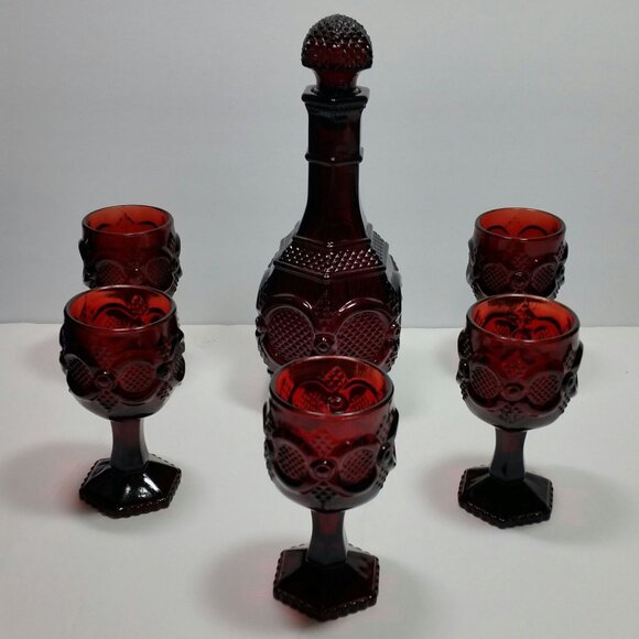 Avon 1876 Cape Cod Ruby Red Decanter and 5 Wine Goblet Set Sherry Cordial - Picture 2 of 10
